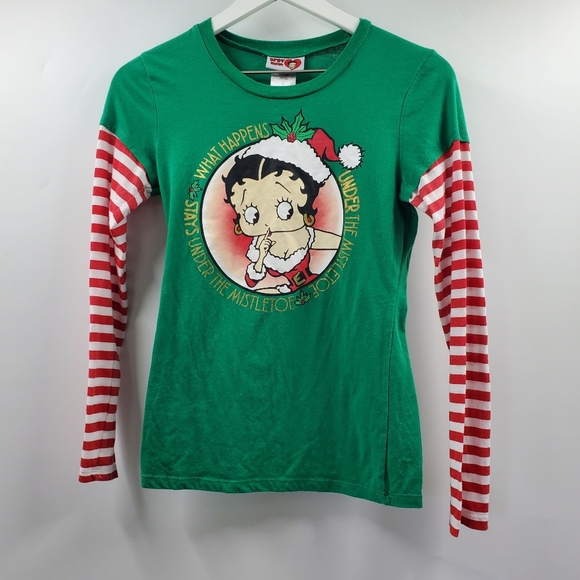 Betty Boop Tops - Betty Boop Mistletoe Big Graphic Tee Elf Stripe
